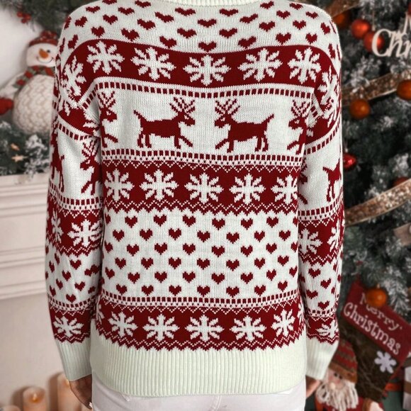 Red And White Casual Women's Christmas Elk & Heart Pattern Drop Shoulder Sweater - Picture 2 of 6